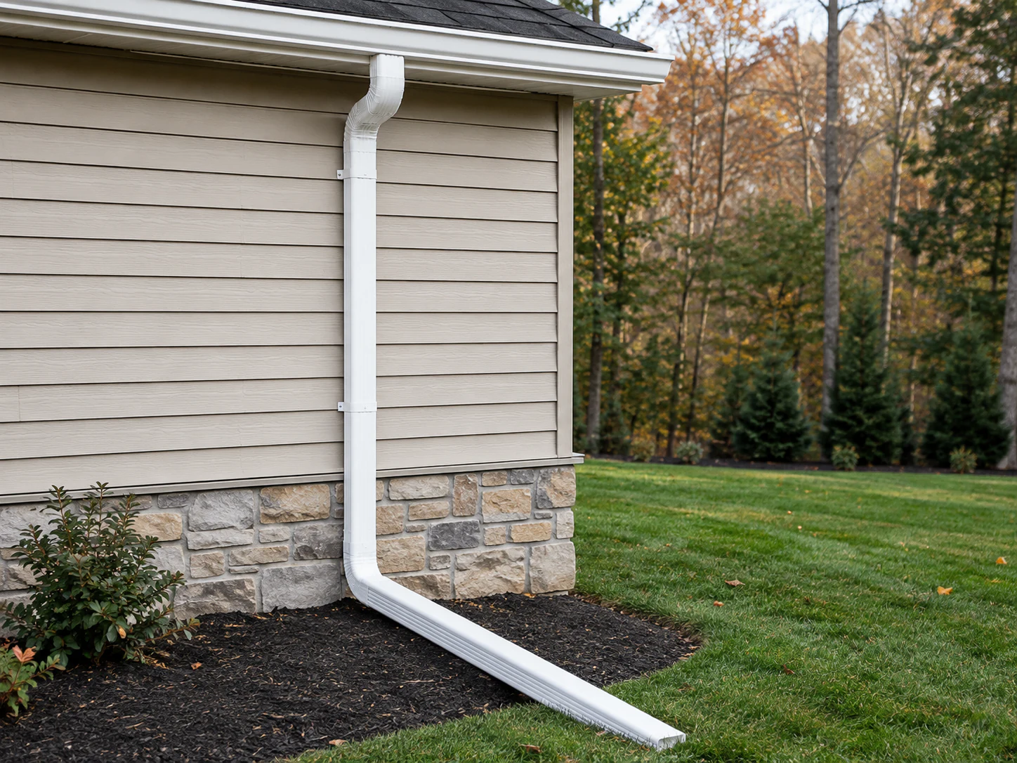 White aluminum downspout carrying roof water away from a Pennsylvania home