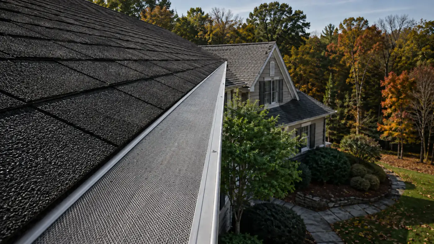 Fine stainless-steel micro-mesh gutter guard installed on a Pennsylvania home