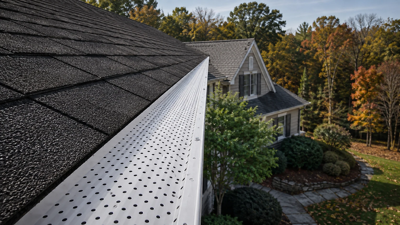 Finished white gutter guard installation along a roof edge