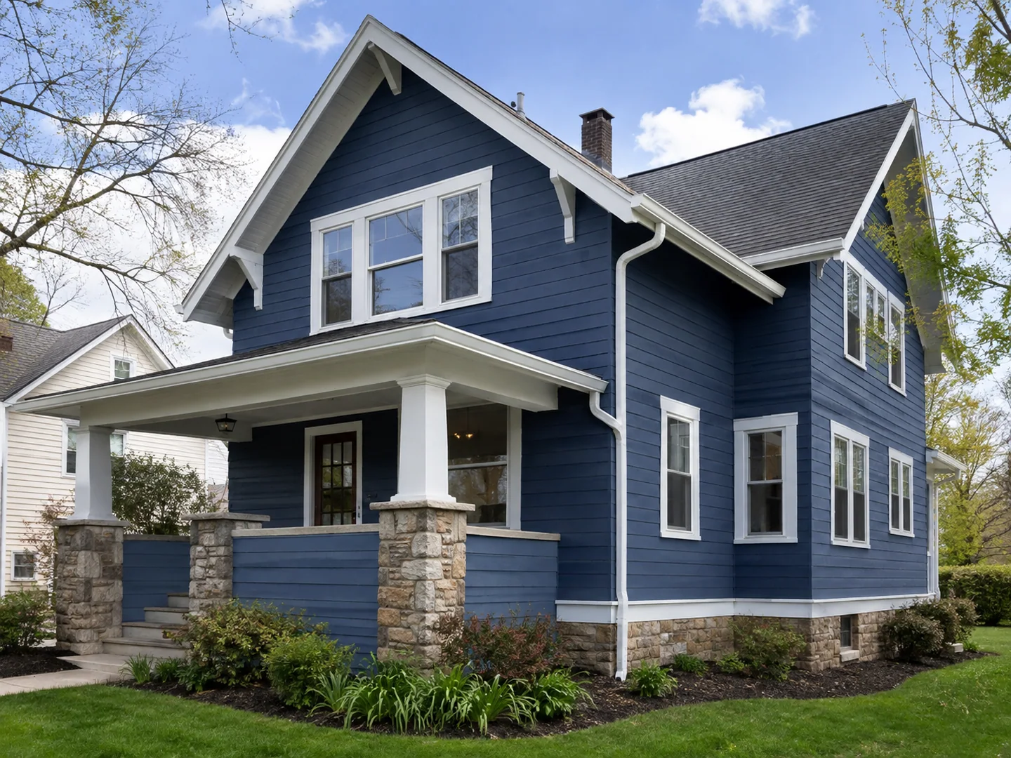Completed seamless gutter system on a blue Pennsylvania craftsman home