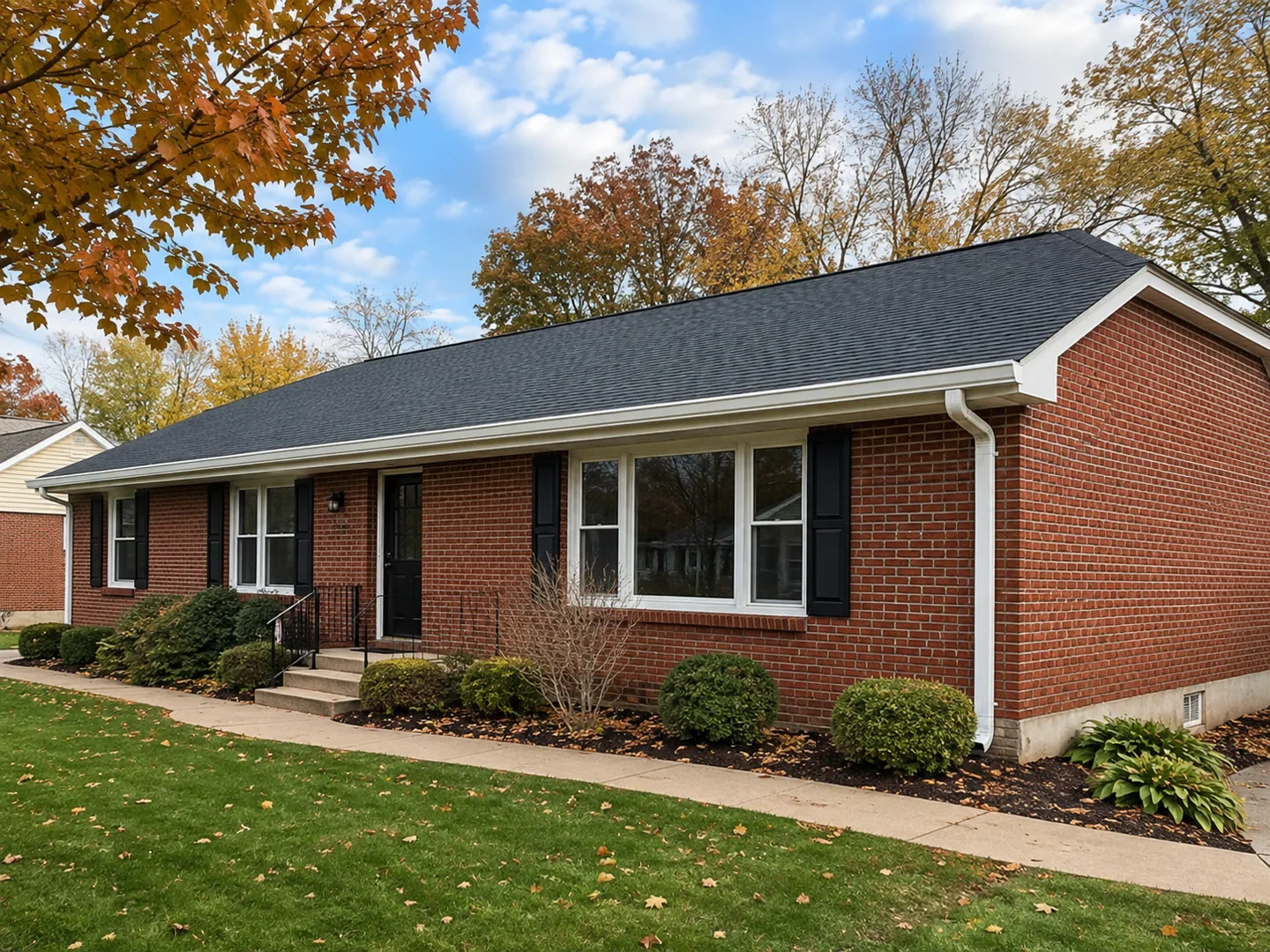 Completed white seamless gutter system on a Pennsylvania brick ranch