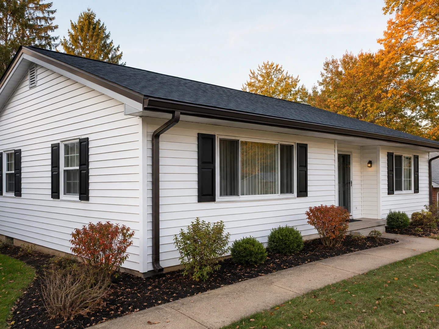 Finished dark bronze seamless gutter project on a white ranch home
