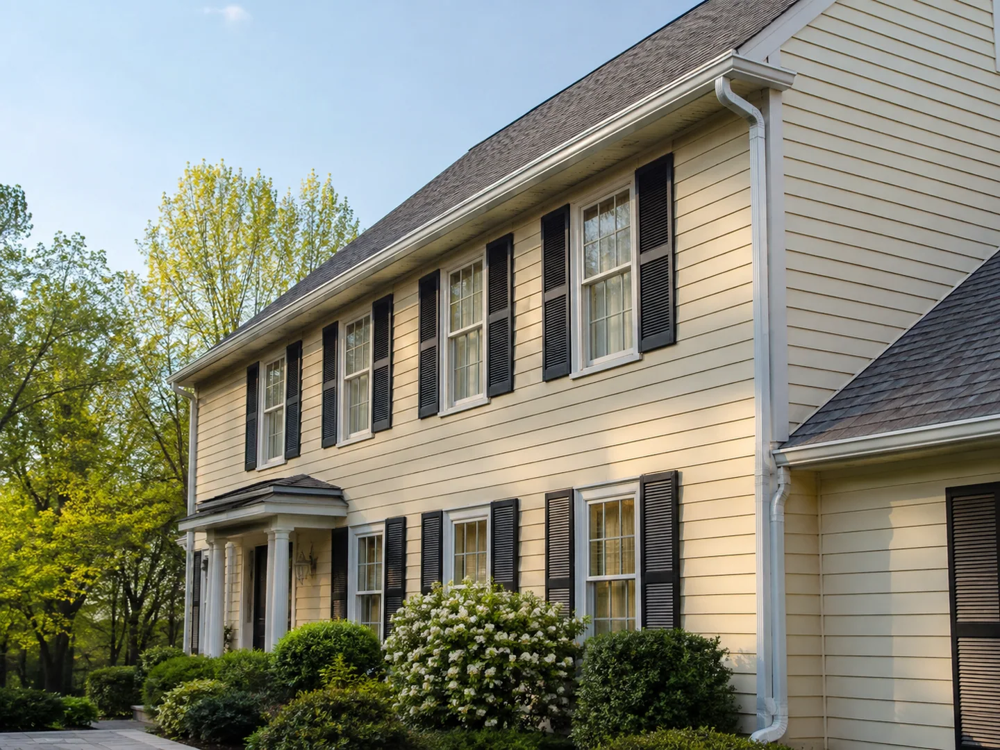 New white seamless gutters installed on a cream Pennsylvania colonial home
