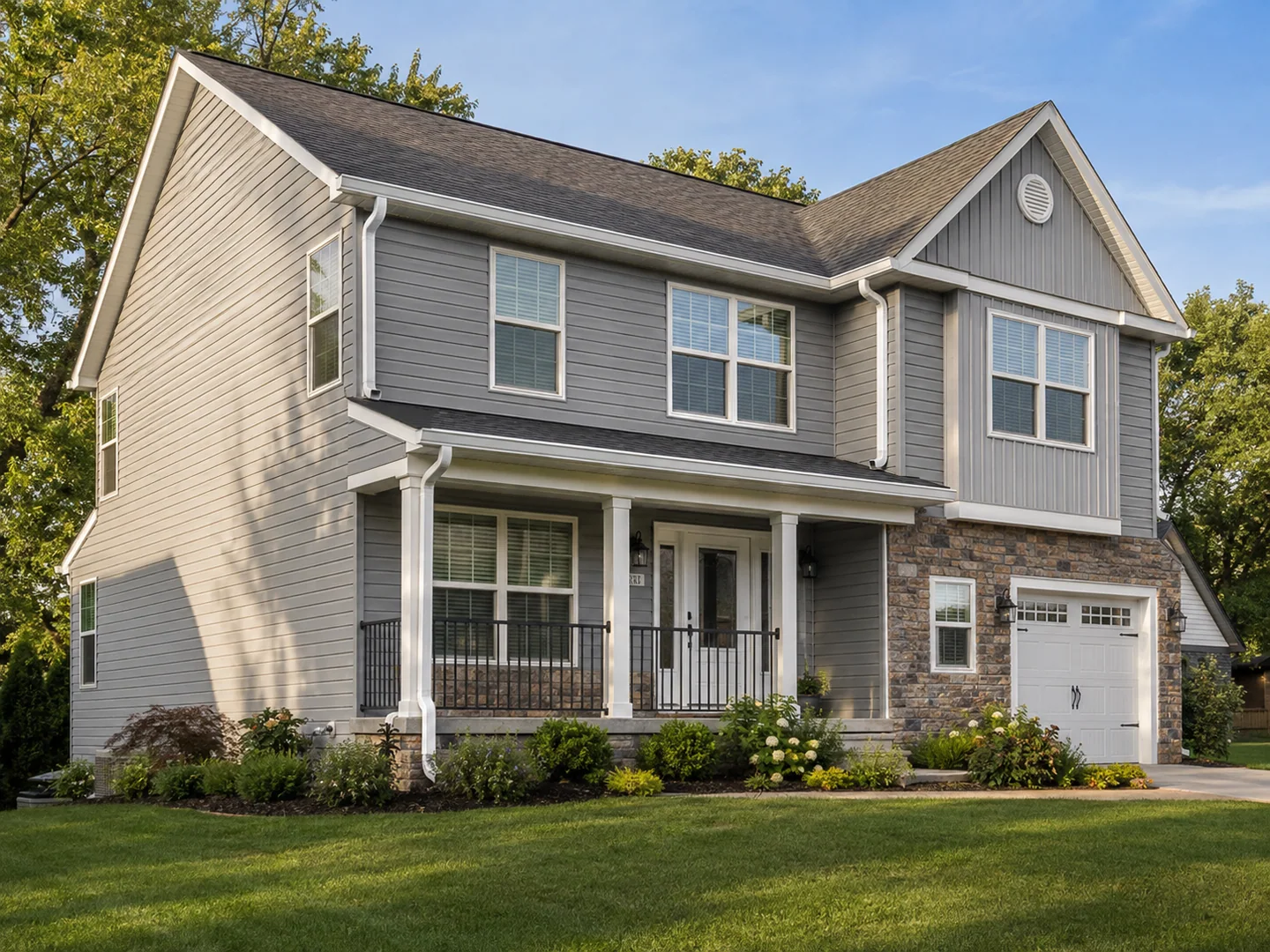Completed white seamless gutter installation on a gray Pennsylvania home