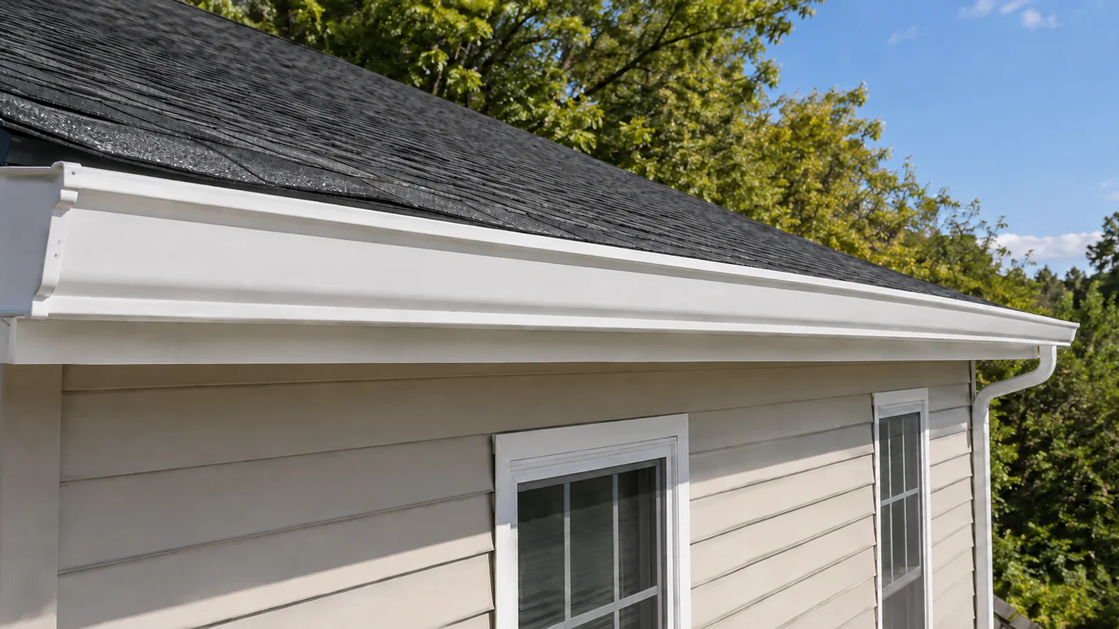 Straight white seamless gutter after professional pitch correction