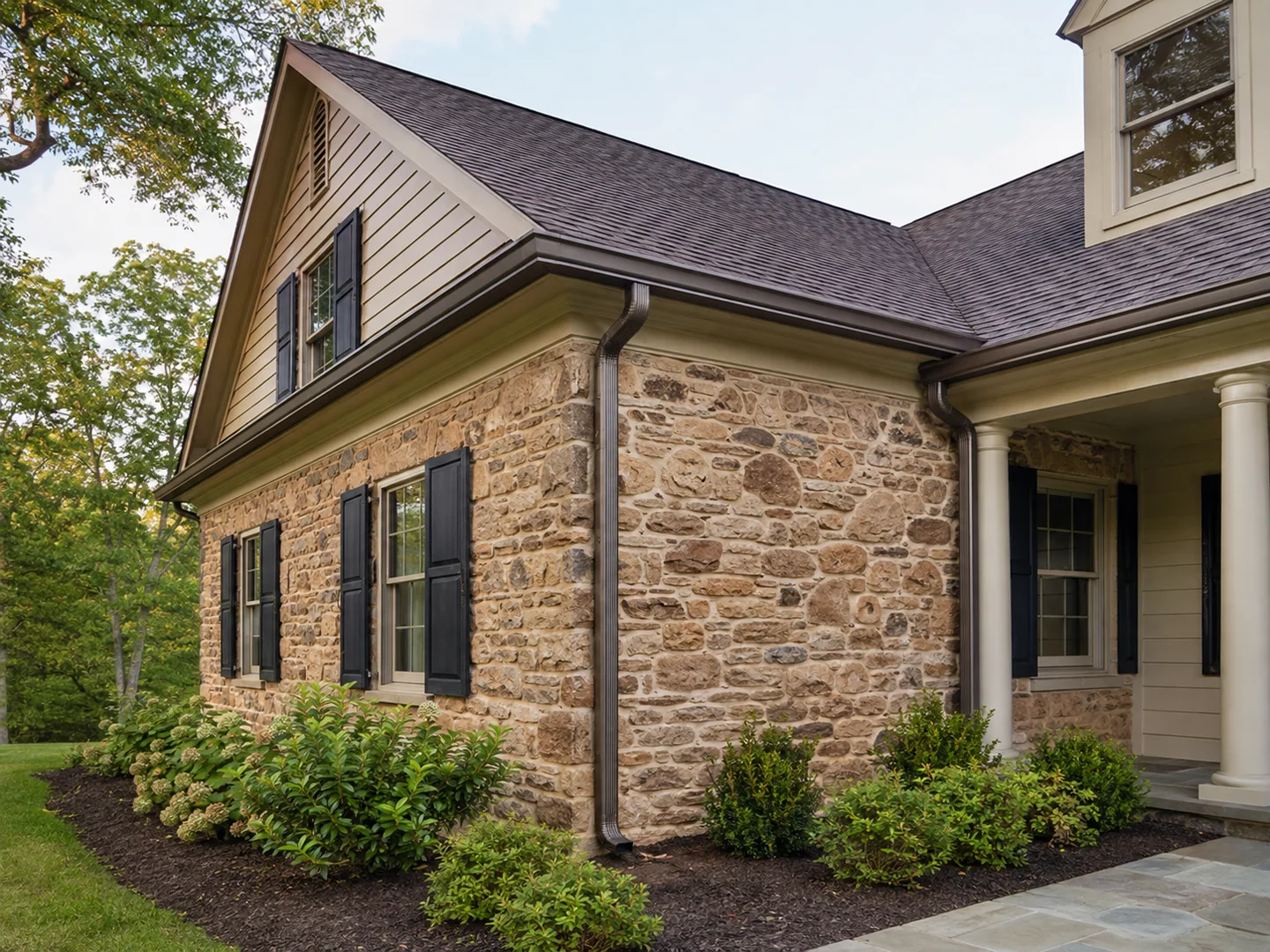 Finished bronze gutter and downspout system on a stone colonial home