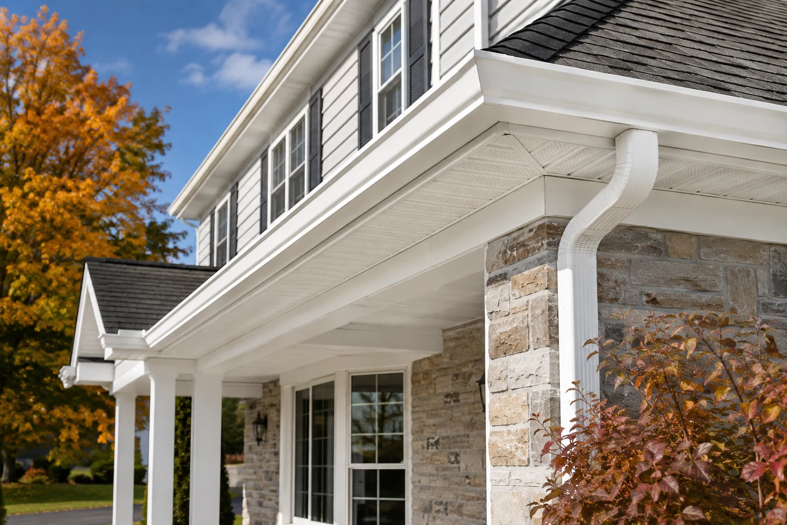 Finished white gutter soffit and fascia detail on a Pennsylvania home