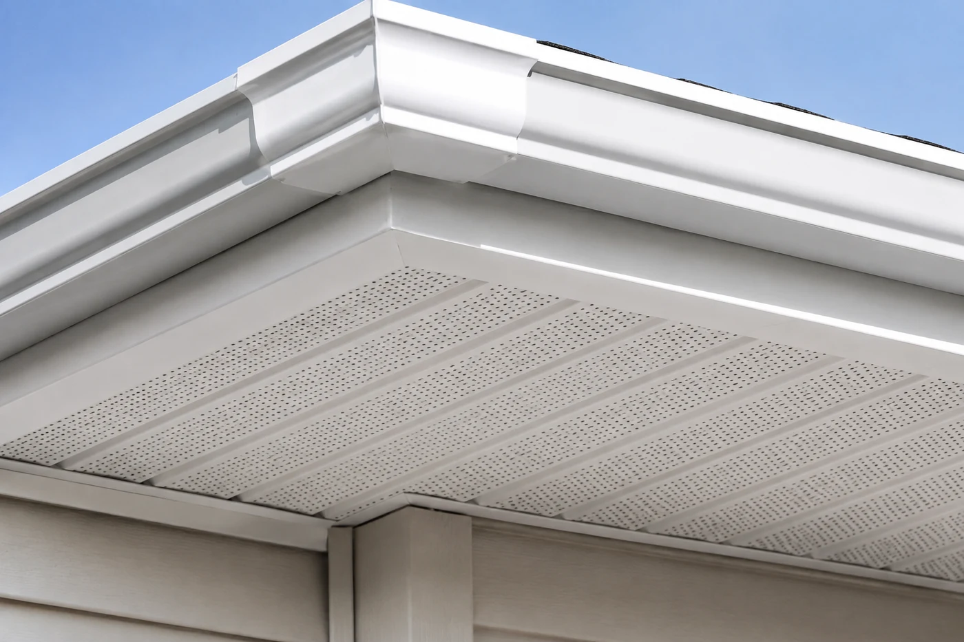 White aluminum Triple 4 vented soffit with coordinated fascia and gutter
